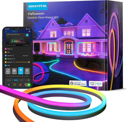 Nocevital Outdoor Neon Light Rope, RGBIC IP67 Waterproof Halloween Decoration with 64 Scene Modes, Music Sync, Flexible LED Outdoor Lights, Halloween Lights