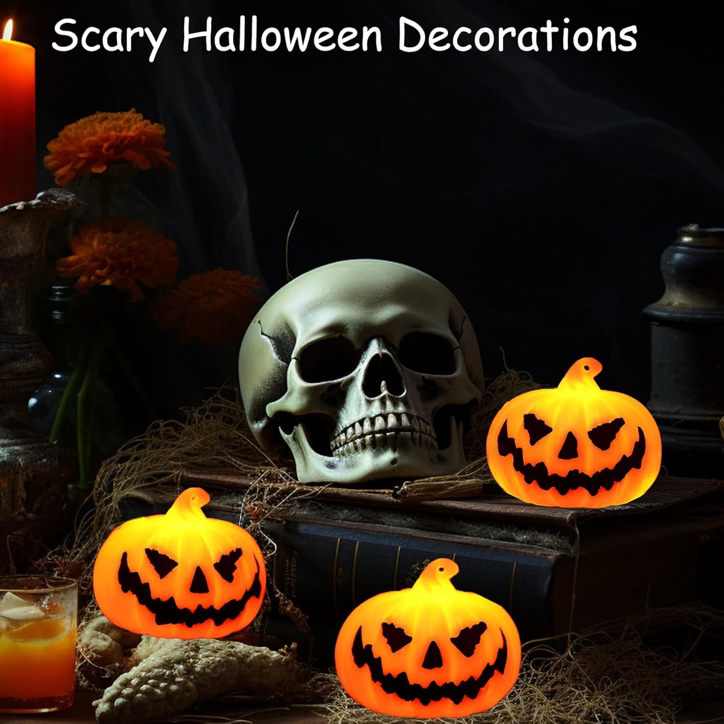 Halloween pumpkin lantern interior decoration, vintage horror Halloween family party kitchen table decoration