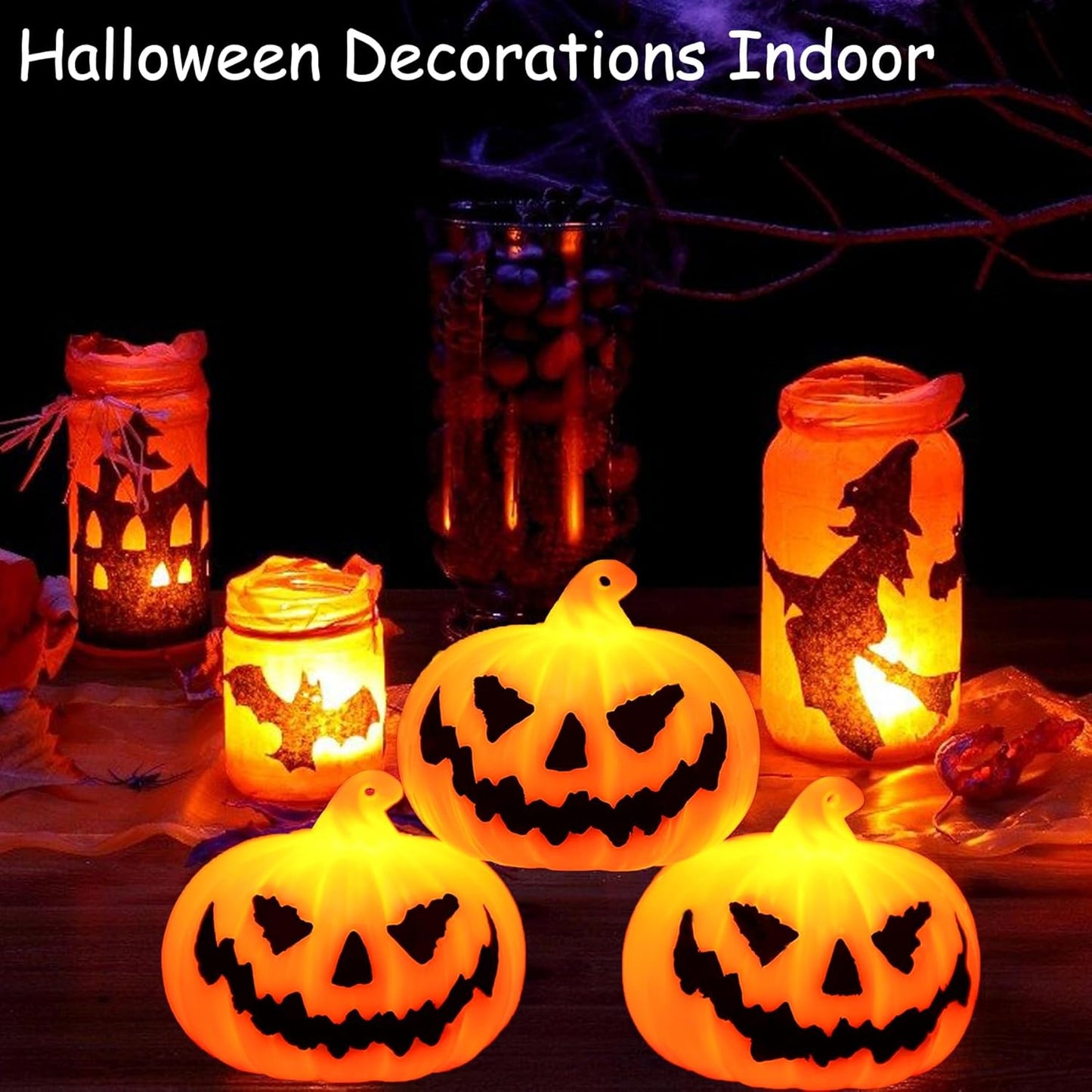 Halloween pumpkin lantern interior decoration, vintage horror Halloween family party kitchen table decoration