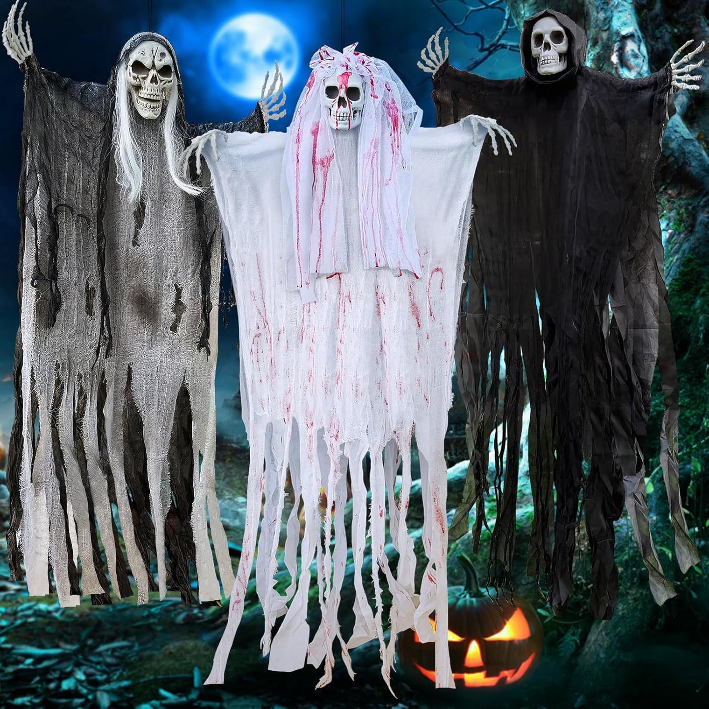 Nocevital Halloween Hanging Ghost Decorations Outdoor Indoor, Horror Grim Reaper Skull Decorations, Creepy Skeleton Ghost for Party Outdoor Patio Porch Haunted House