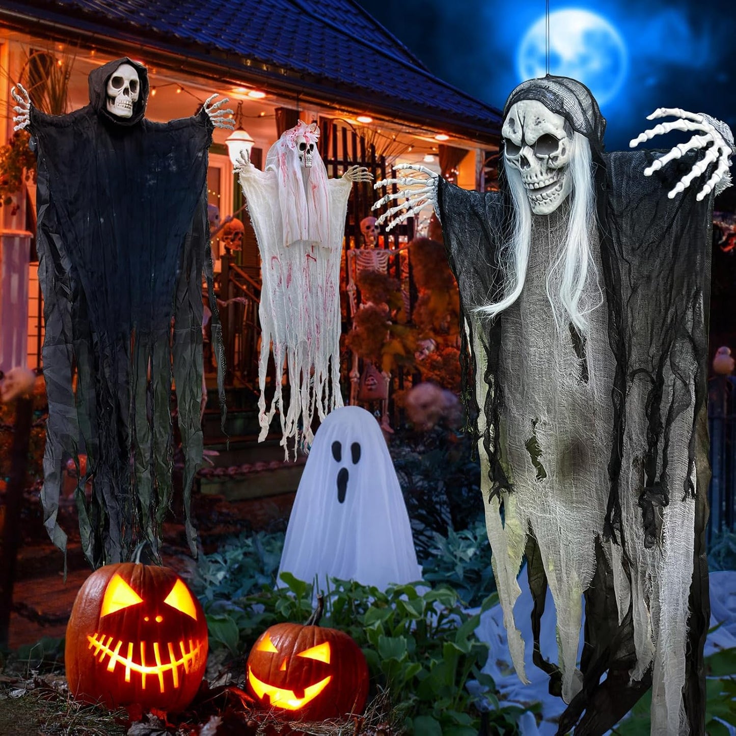 Nocevital Halloween Hanging Ghost Decorations Outdoor Indoor, Horror Grim Reaper Skull Decorations, Creepy Skeleton Ghost for Party Outdoor Patio Porch Haunted House