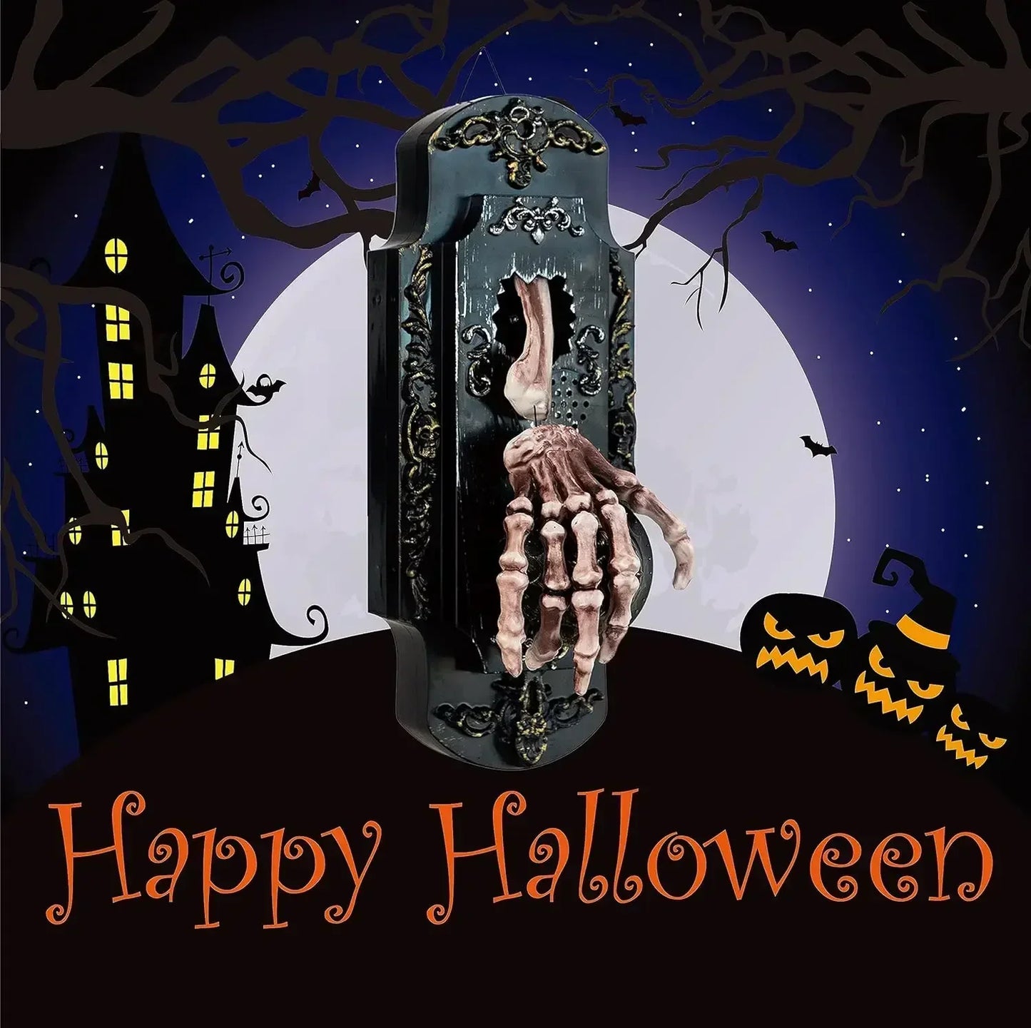 Halloween skeleton hand doorbell, sensor and spray function, party props decoration add a touch of horror, suitable for Halloween home office decoration