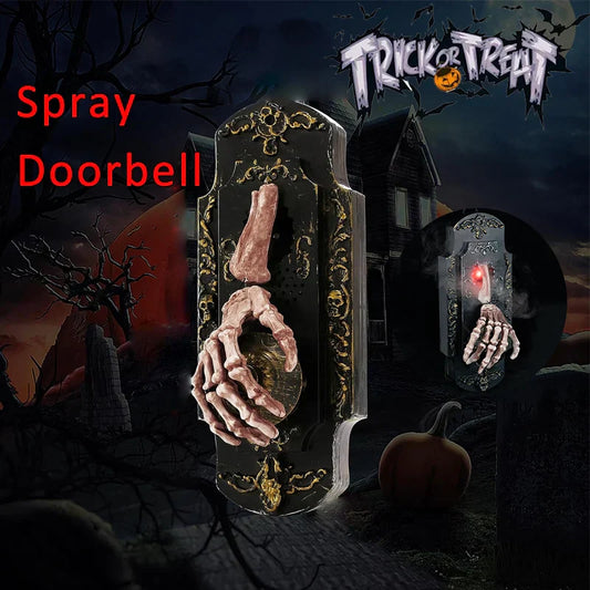 Halloween skeleton hand doorbell, sensor and spray function, party props decoration add a touch of horror, suitable for Halloween home office decoration