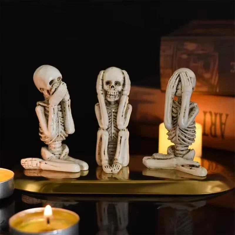 Halloween Statue "See Say Hear No Evil" Skeleton Figurine Realistic Skeleton Decorations for Home Haunted House Halloween Party Decorations Gift Stand Accessories